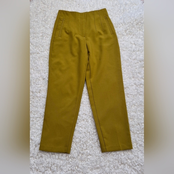 ZARA Mustard High Waist Pleated Straight Pants M Cropped Tailored Fit Office - Picture 6 of 15